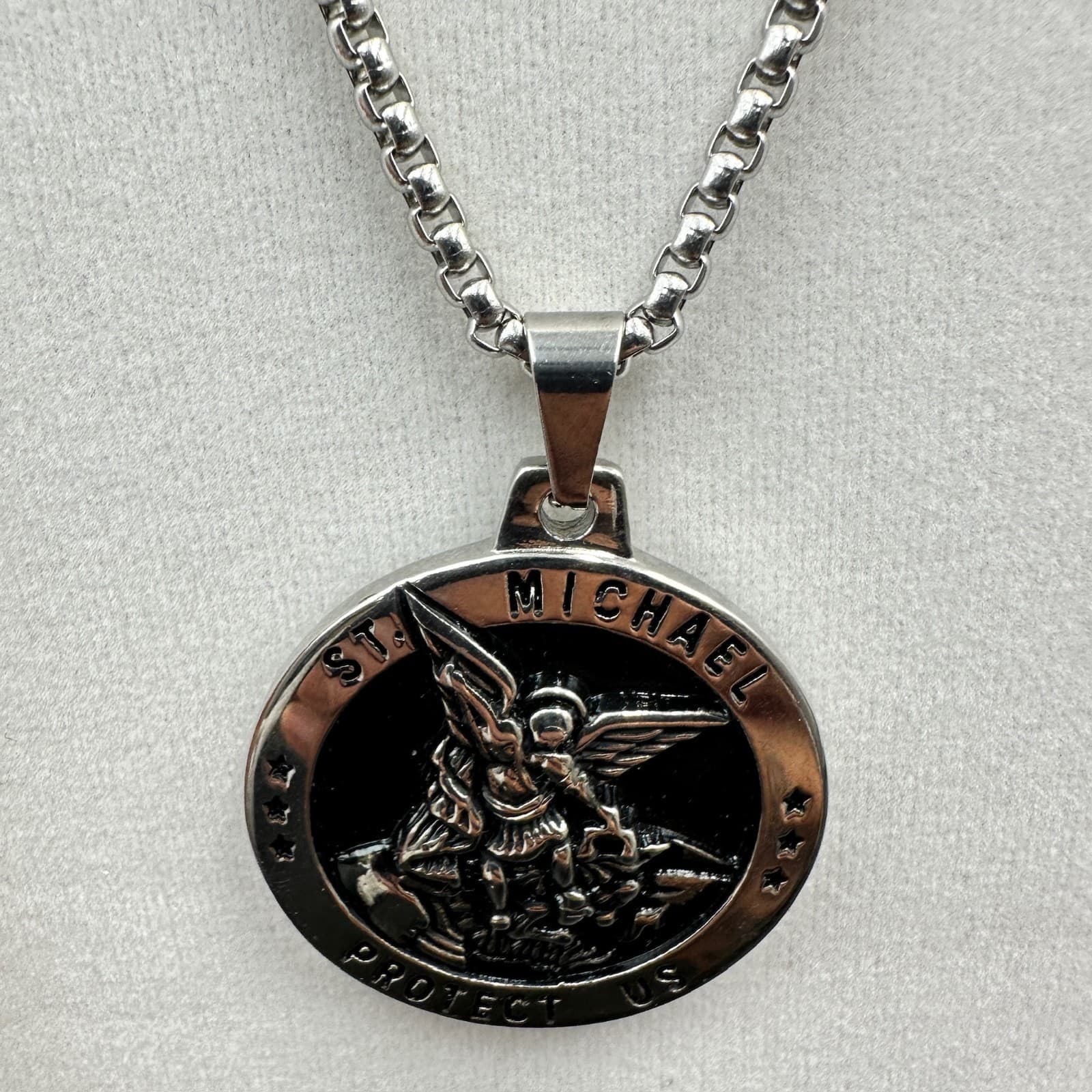 St. Michael Pendant Necklace Silver Black Medallion Religious Protection Icon - Thumbnail 5