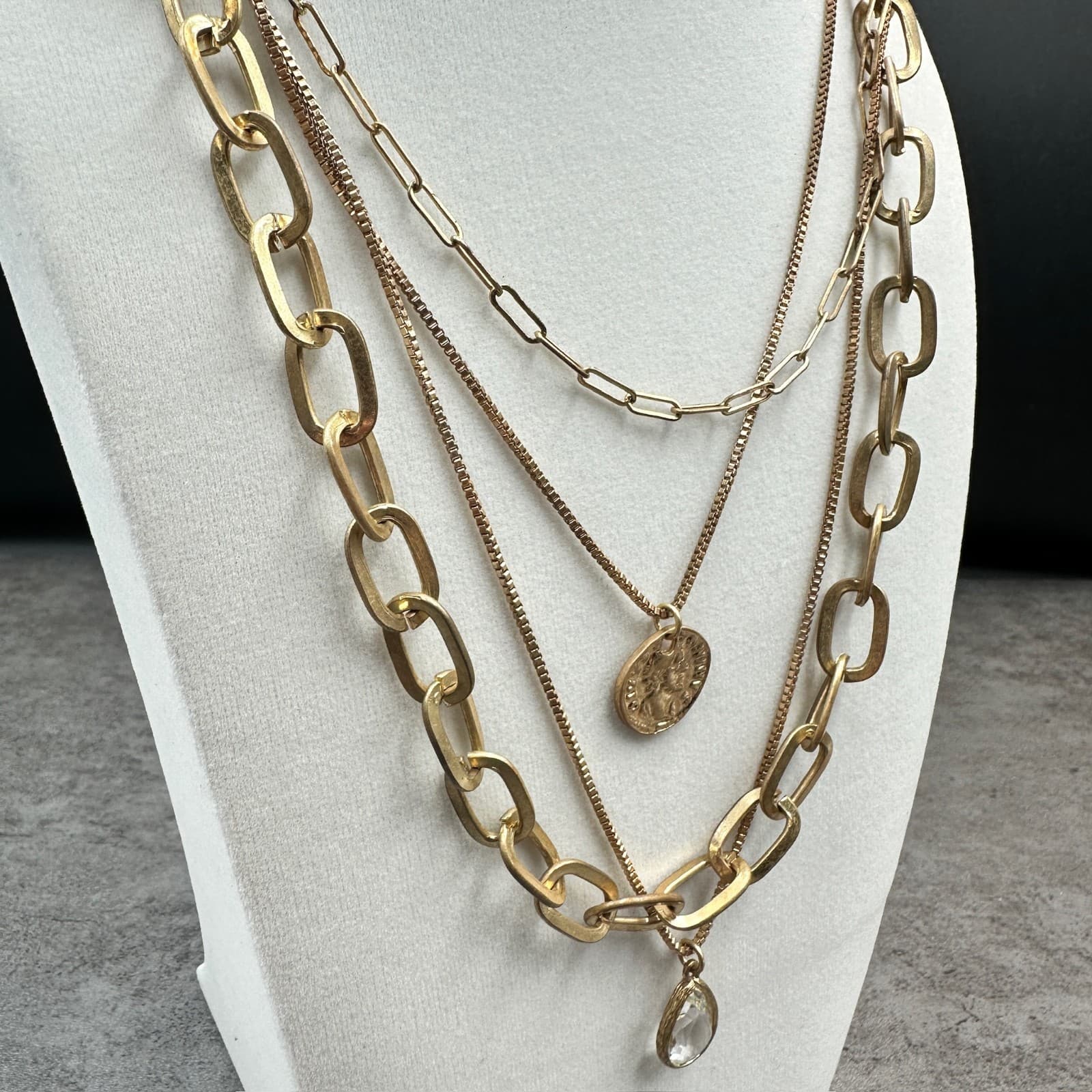 Layered Gold Chain Necklace w/ Coin Charm & Teardrop Pendant – Luxury Chic Style - Thumbnail 6