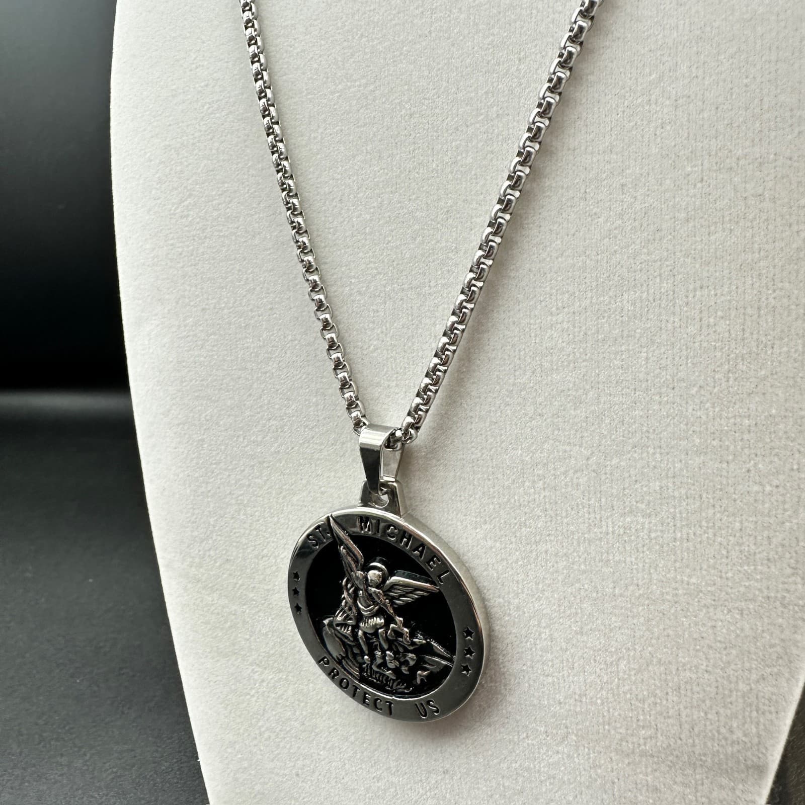 St. Michael Pendant Necklace Silver Black Medallion Religious Protection Icon - Thumbnail 6