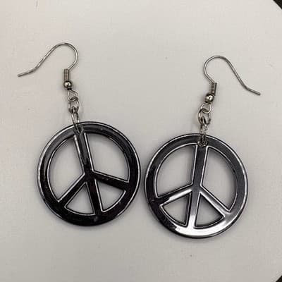 Vintage Silver Tone Peace Sign Dangle Earrings Hippie Boho Drop Charm Jewelry - Thumbnail 3