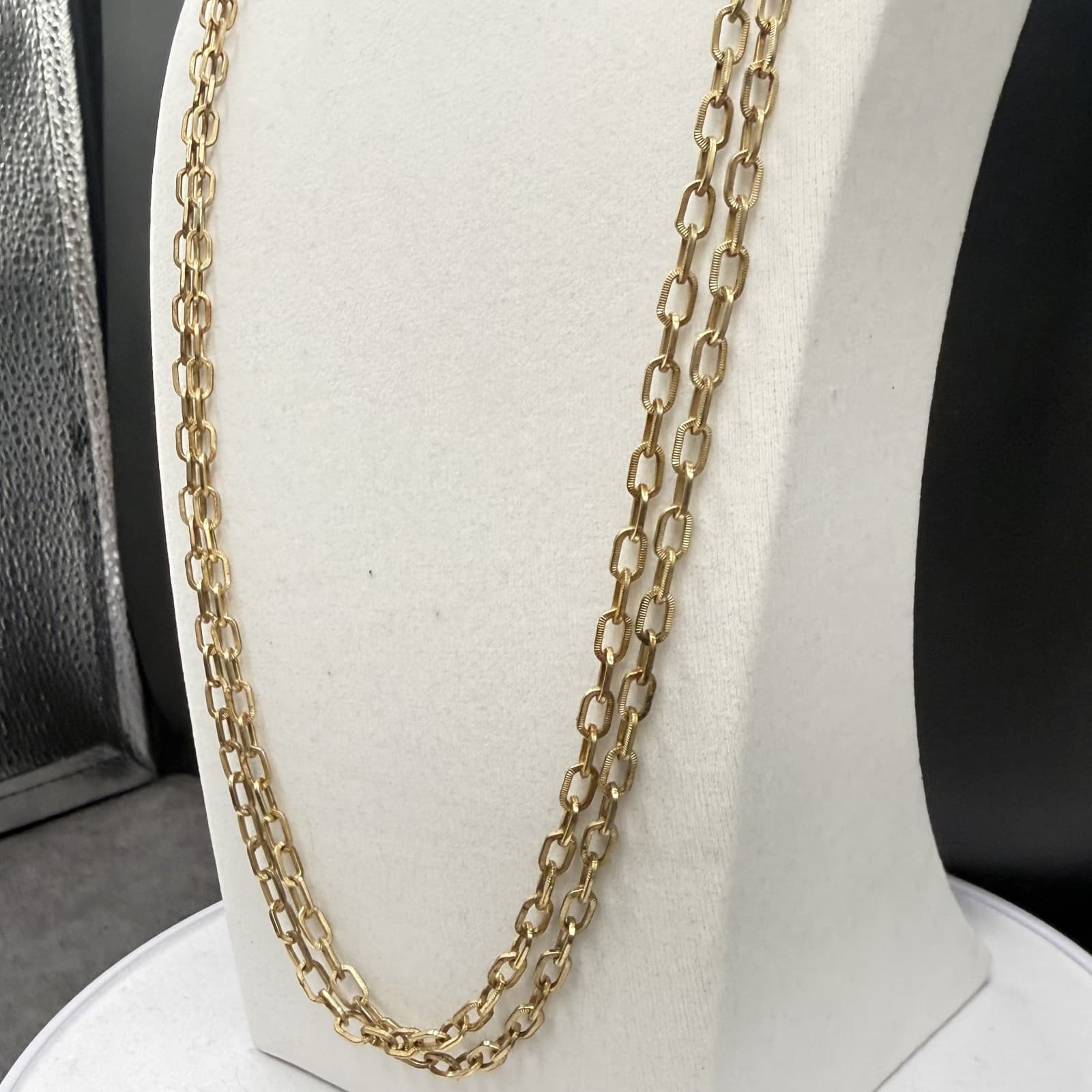 Vintage Gold Tone Elongated Link Chain Necklace Triple Strand Minimalist - Thumbnail 7