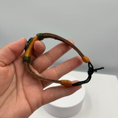 Vintage Carved Tribal Mask Bracelet Leather Cord Adjustable Brown Green Yellow - Thumbnail 2