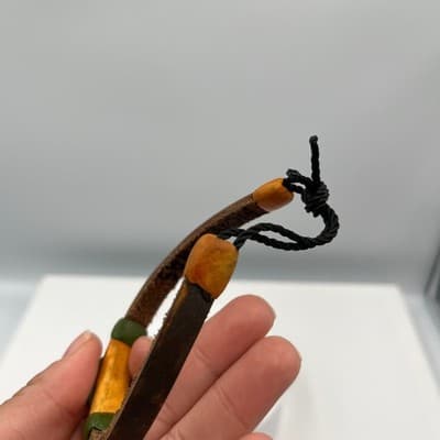 Vintage Carved Tribal Mask Bracelet Leather Cord Adjustable Brown Green Yellow - Thumbnail 4