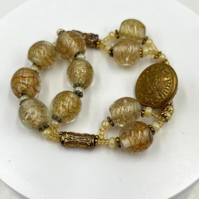 Vintage Chunky Artisan Glass Beaded Bracelet Brass Button Clasp Cream Gold Swirl - Image 1