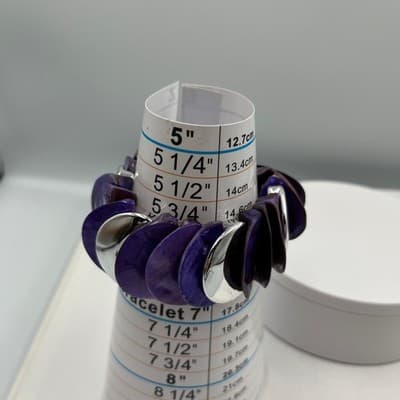 Vintage Purple Shell Disc Stretch Bracelet Silver Tone Chunky Statement Elastic - Thumbnail 7