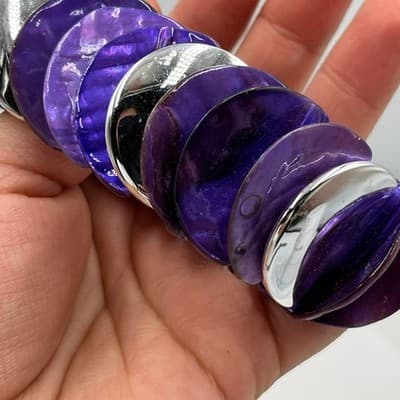Vintage Purple Shell Disc Stretch Bracelet Silver Tone Chunky Statement Elastic - Thumbnail 4