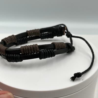VTG Black Brown Leather Cord Bracelet Adjustable Wrap Multi Strand Casual Unisex - Thumbnail 3