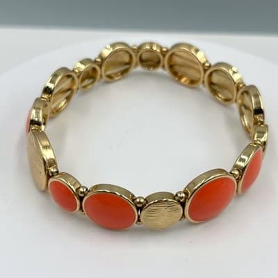 Gold Tone Orange Cabochon Disc Stretch Bracelet Chunky Retro Statement - Image 1