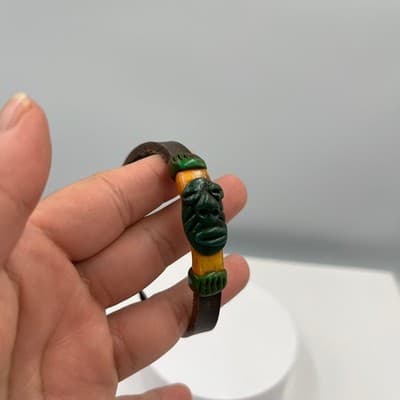 Vintage Carved Tribal Mask Bracelet Leather Cord Adjustable Brown Green Yellow - Thumbnail 5