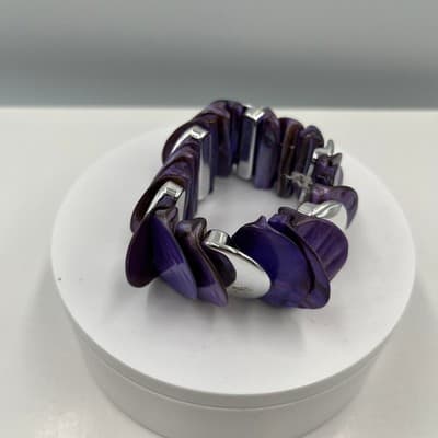Vintage Purple Shell Disc Stretch Bracelet Silver Tone Chunky Statement Elastic - Thumbnail 2