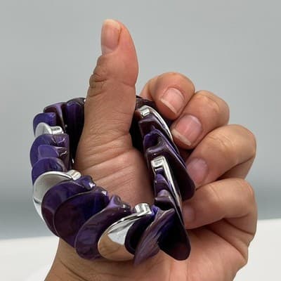Vintage Purple Shell Disc Stretch Bracelet Silver Tone Chunky Statement Elastic - Thumbnail 5