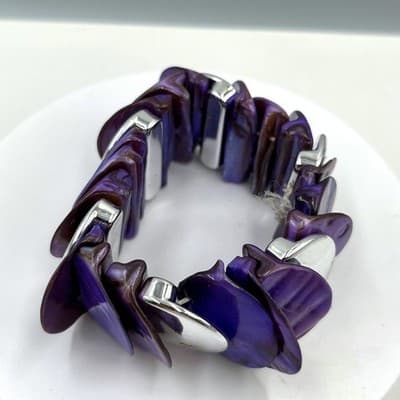 Vintage Purple Shell Disc Stretch Bracelet Silver Tone Chunky Statement Elastic - Image 1