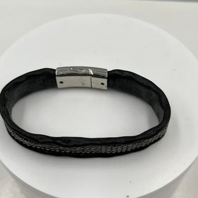 Vintage Black Leather Rhinestone Bracelet Magnetic Clasp Sparkle Cuff Cassic - Thumbnail 2