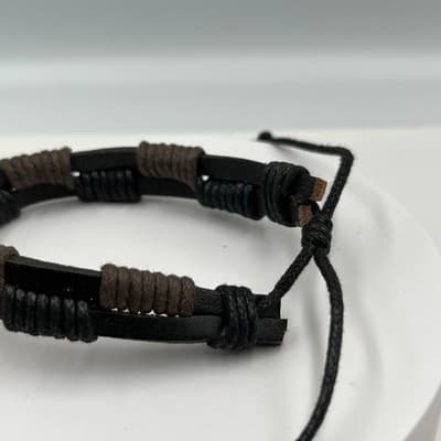 VTG Black Brown Leather Cord Bracelet Adjustable Wrap Multi Strand Casual Unisex - Thumbnail 4