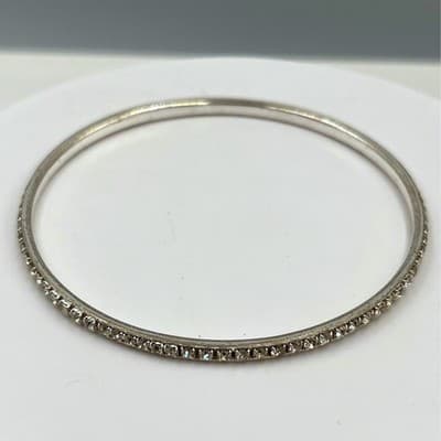 Vintage Slim Silver Tone Rhinestone Bangle Bracelet – Stackable Crystal Accent - Image 1