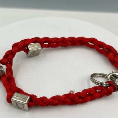Vintage Red Braided Cord Bracelet with Silver Tone Cube Letter Bead Toggle Clasp - Thumbnail 2
