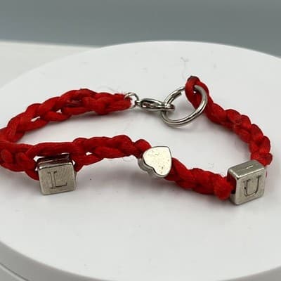 Vintage Red Braided Cord Bracelet with Silver Tone Cube Letter Bead Toggle Clasp - Thumbnail 5