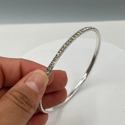 Vintage Slim Silver Tone Rhinestone Bangle Bracelet – Stackable Crystal Accent - Thumbnail 3