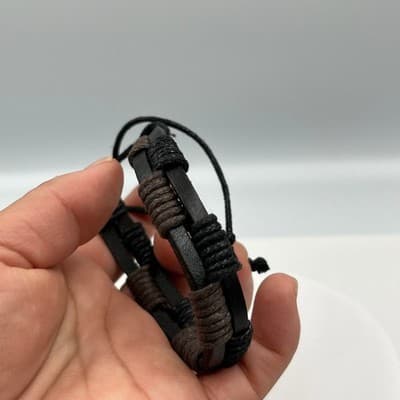 VTG Black Brown Leather Cord Bracelet Adjustable Wrap Multi Strand Casual Unisex - Thumbnail 5