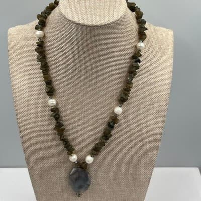 Vintage Gray Agate Pendant Necklace Labradorite Chip Beads Freshwater Pearls - Thumbnail 5