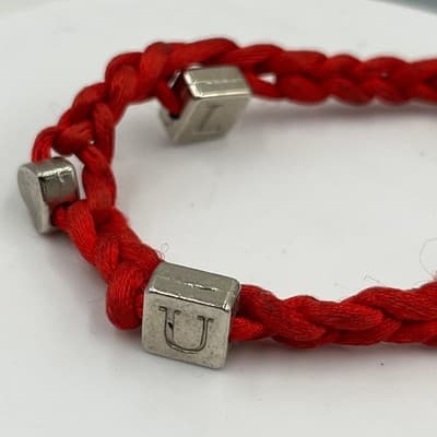 Vintage Red Braided Cord Bracelet with Silver Tone Cube Letter Bead Toggle Clasp - Thumbnail 4