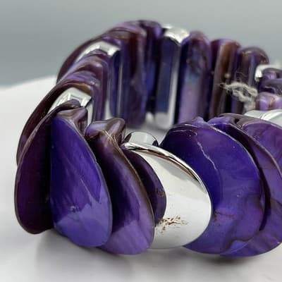 Vintage Purple Shell Disc Stretch Bracelet Silver Tone Chunky Statement Elastic - Thumbnail 3