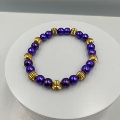 Vintage Purple Beaded Stretch Bracelet Gold Tone Ribbed Spacer Beads Elastic Fit - Thumbnail 2