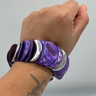 Vintage Purple Shell Disc Stretch Bracelet Silver Tone Chunky Statement Elastic - Thumbnail 6