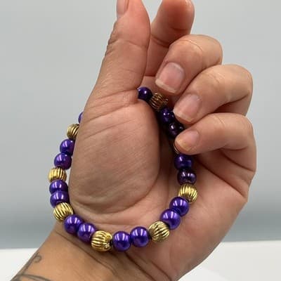 Vintage Purple Beaded Stretch Bracelet Gold Tone Ribbed Spacer Beads Elastic Fit - Thumbnail 7