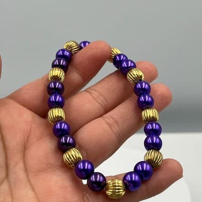 Vintage Purple Beaded Stretch Bracelet Gold Tone Ribbed Spacer Beads Elastic Fit - Thumbnail 6