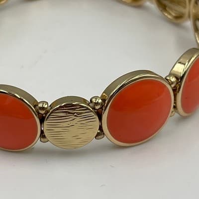 Gold Tone Orange Cabochon Disc Stretch Bracelet Chunky Retro Statement - Thumbnail 4