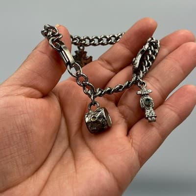 VTG Silver Tone Charm Bracelet Turtle Cross Drum Arrow Turquoise Accent Chunky - Thumbnail 6