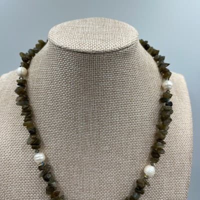 Vintage Gray Agate Pendant Necklace Labradorite Chip Beads Freshwater Pearls - Thumbnail 2