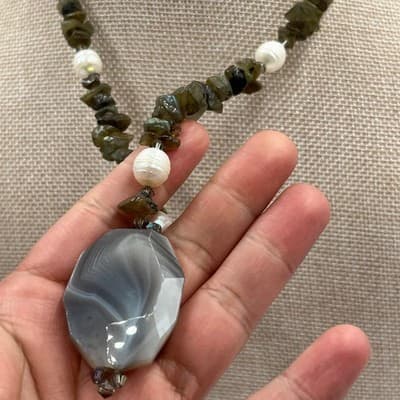 Vintage Gray Agate Pendant Necklace Labradorite Chip Beads Freshwater Pearls - Thumbnail 4