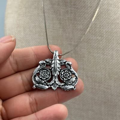 Vintage Silver Tone Ornate Floral Metal Filigree Plastic Pendant Necklace Boho - Thumbnail 5