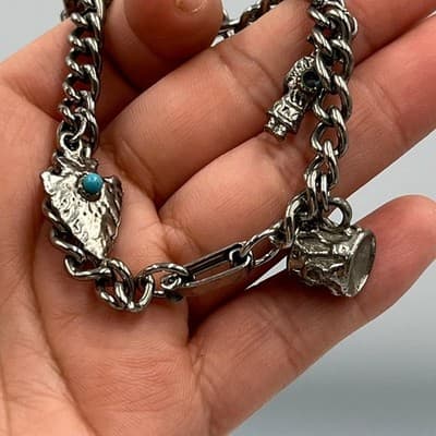 VTG Silver Tone Charm Bracelet Turtle Cross Drum Arrow Turquoise Accent Chunky - Thumbnail 5