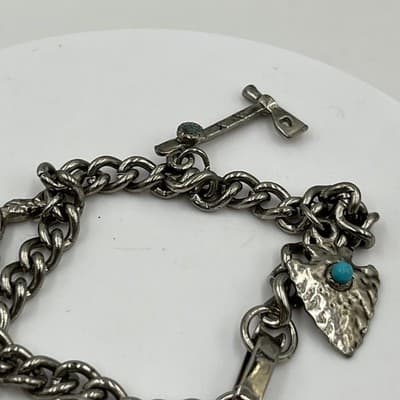 VTG Silver Tone Charm Bracelet Turtle Cross Drum Arrow Turquoise Accent Chunky - Thumbnail 2