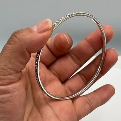 Vintage Slim Silver Tone Rhinestone Bangle Bracelet – Stackable Crystal Accent - Thumbnail 4