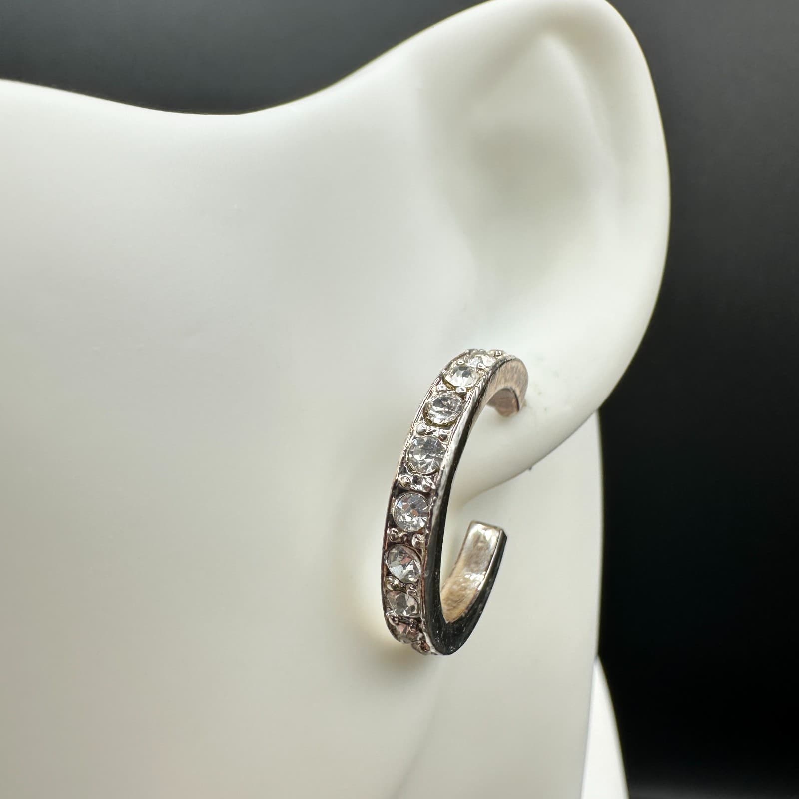 Vintage Rhinestone Crystal Hoop Earrings Silver Tone Classic Round Post Style - Image 1