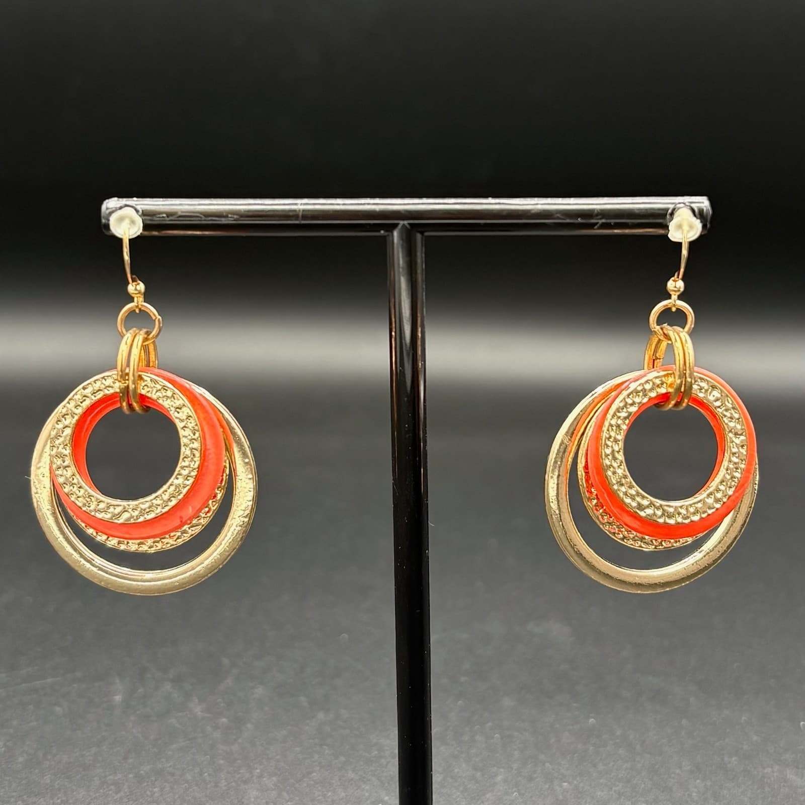 Vintage Gold Tone Red Enamel Dangle Drop Earrings Tiered Rings Pierced 70s - Thumbnail 3