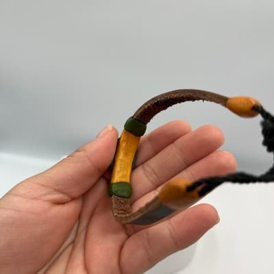 Vintage Carved Tribal Mask Bracelet Leather Cord Adjustable Brown Green Yellow - Thumbnail 3