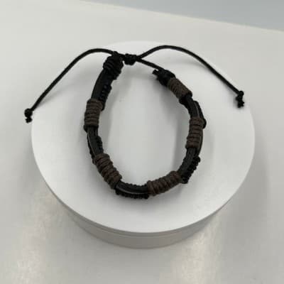 VTG Black Brown Leather Cord Bracelet Adjustable Wrap Multi Strand Casual Unisex - Thumbnail 2