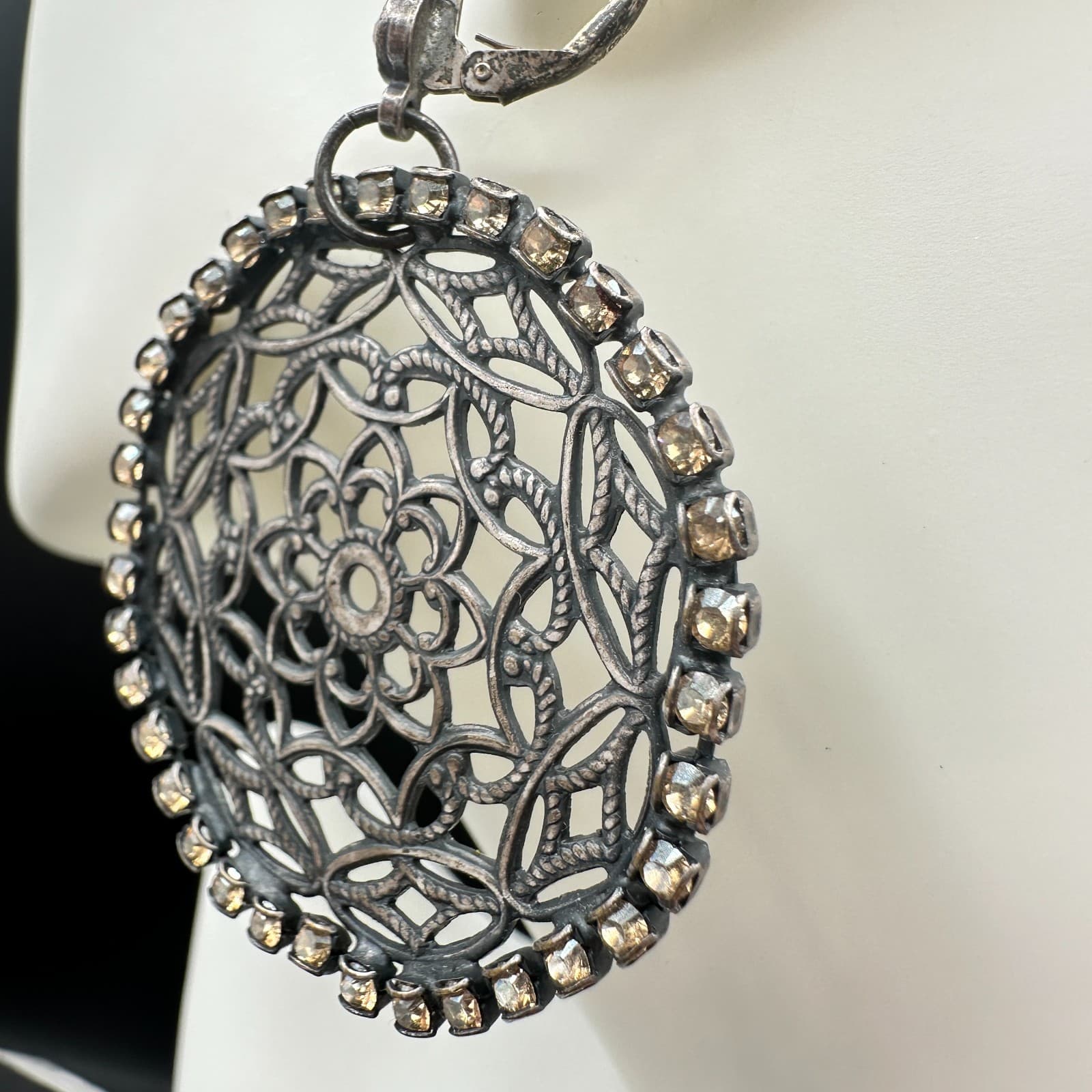 VTG Oxidized Dangle Earrings Brown Rhinestone Filigree Flower Circle Statement - Thumbnail 7