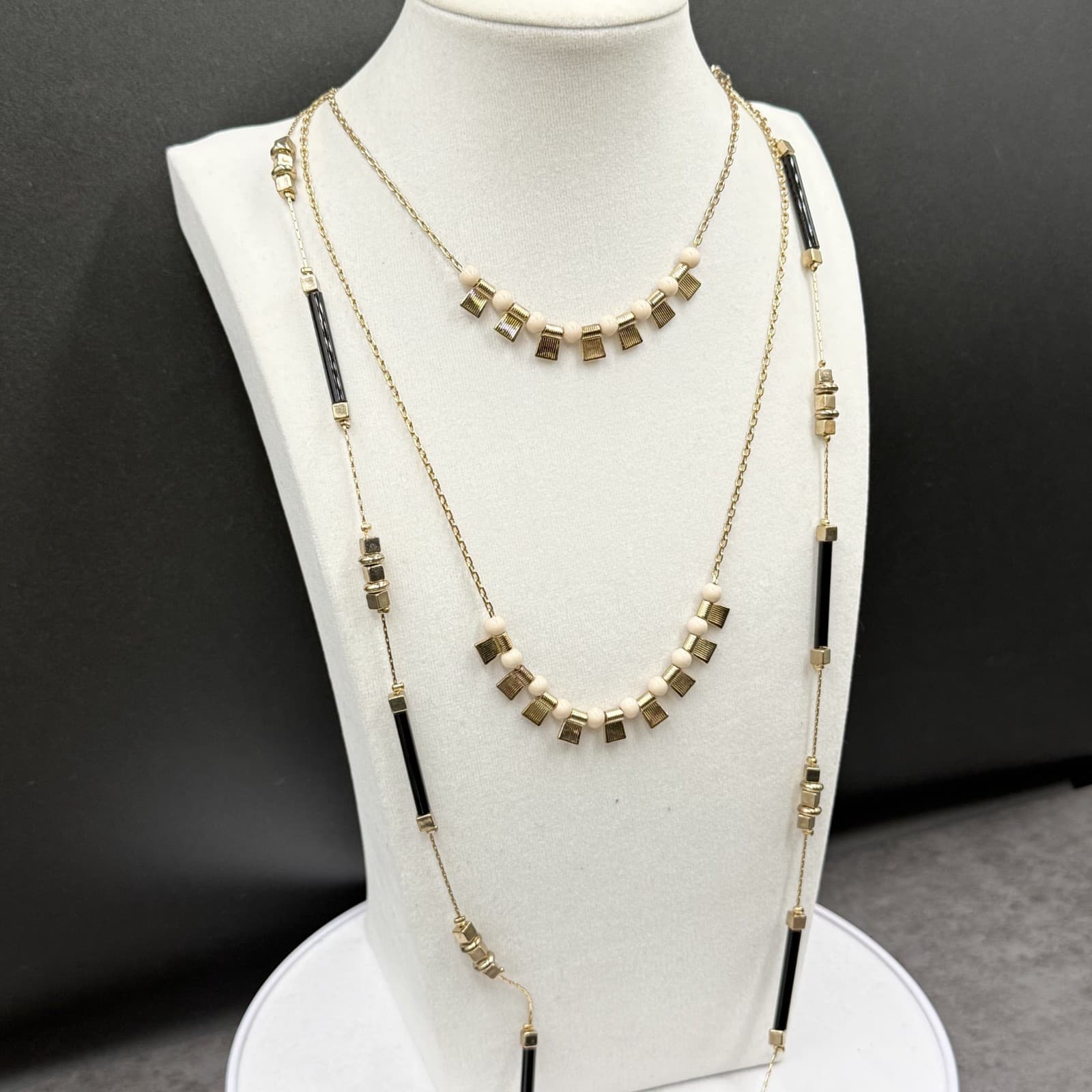 Vintage Gold Tone Cube & Black Bar Bead Necklace Long Layered Modernist - Thumbnail 5