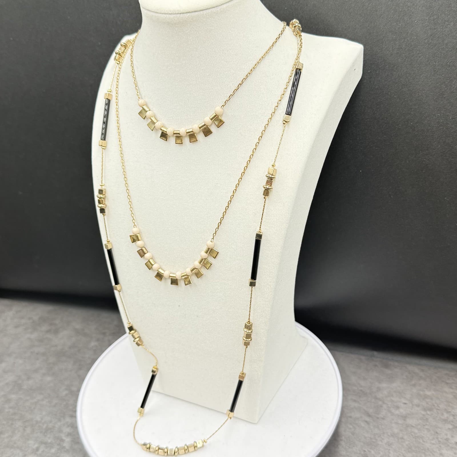 Vintage Gold Tone Cube & Black Bar Bead Necklace Long Layered Modernist - Thumbnail 2