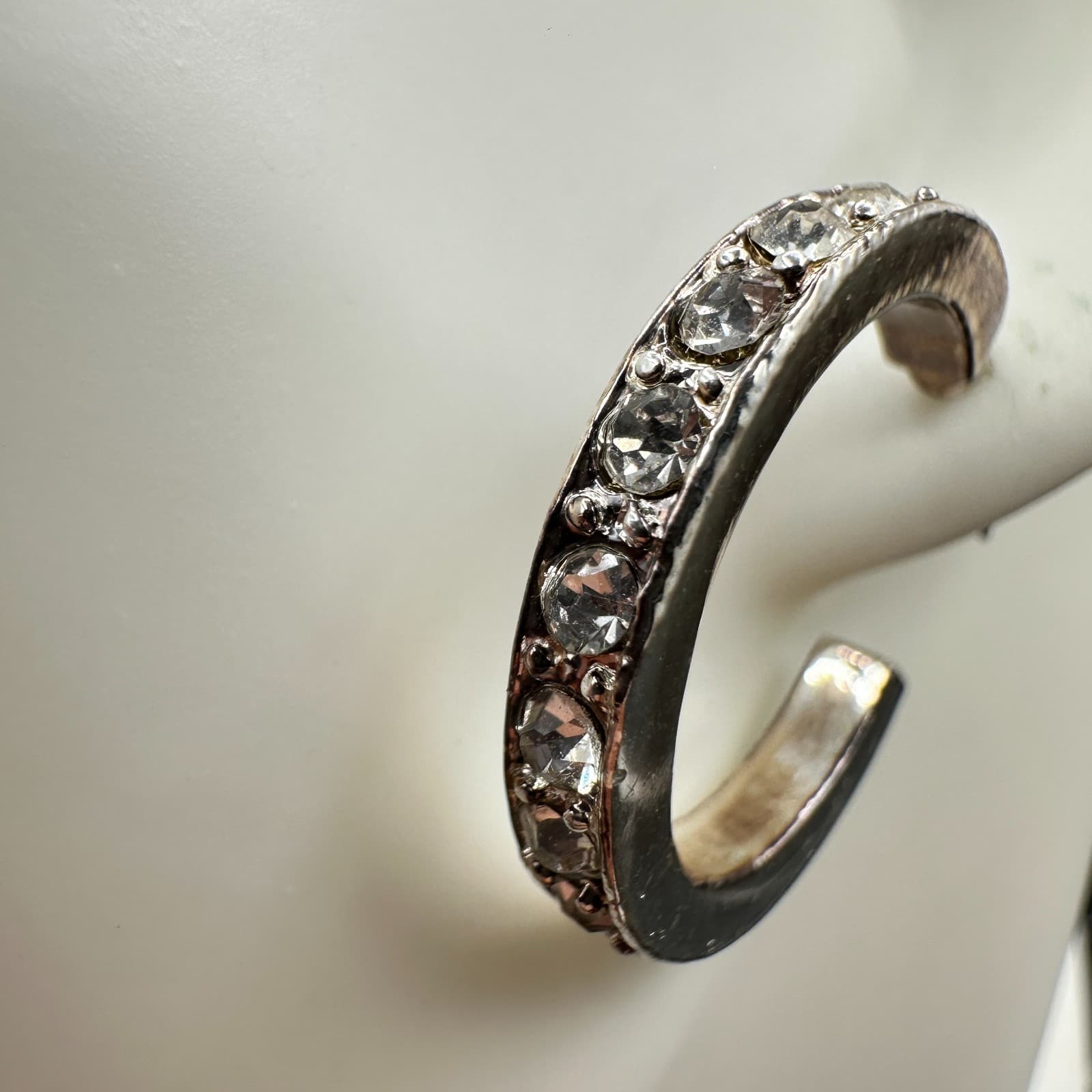 Vintage Rhinestone Crystal Hoop Earrings Silver Tone Classic Round Post Style - Thumbnail 2