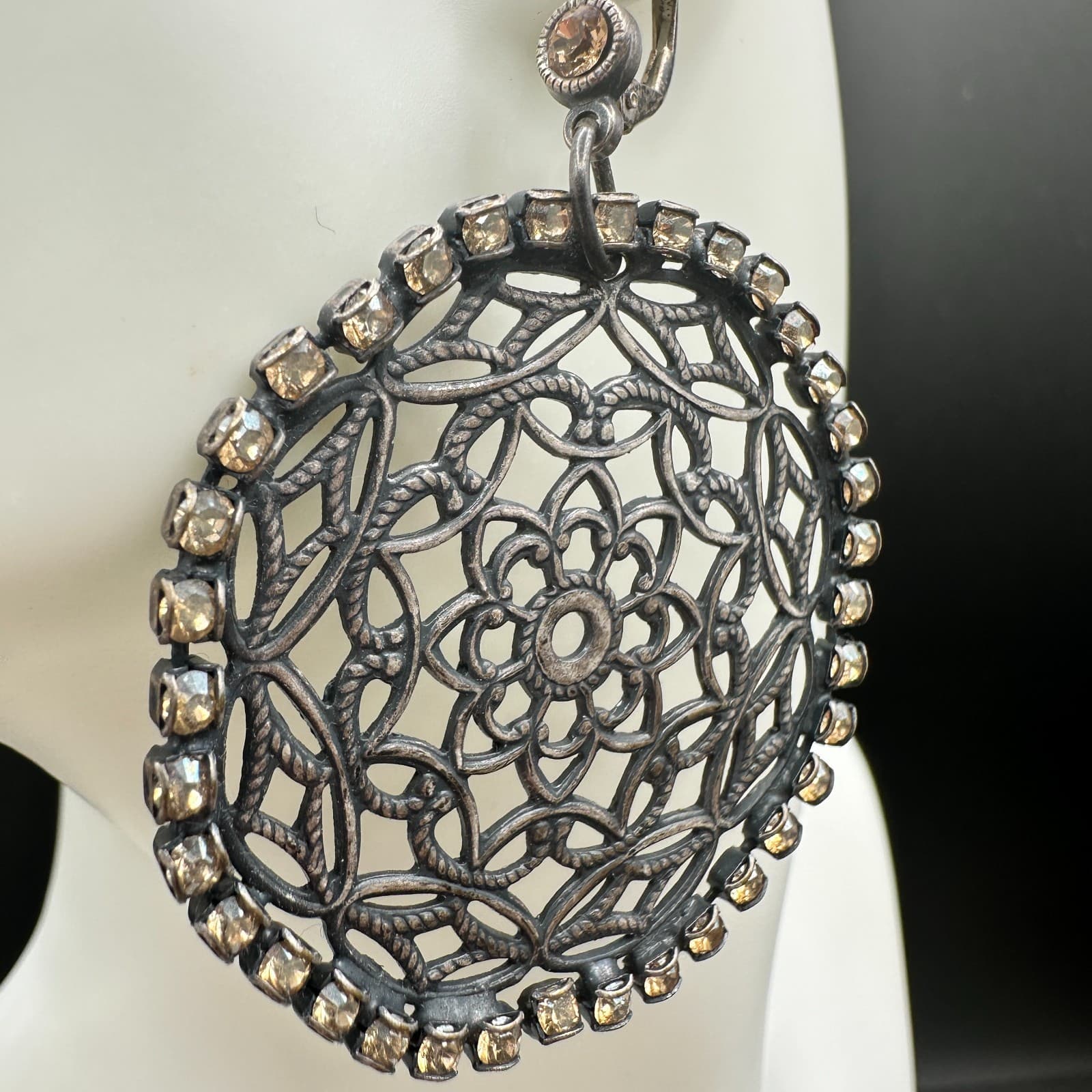 VTG Oxidized Dangle Earrings Brown Rhinestone Filigree Flower Circle Statement - Thumbnail 6