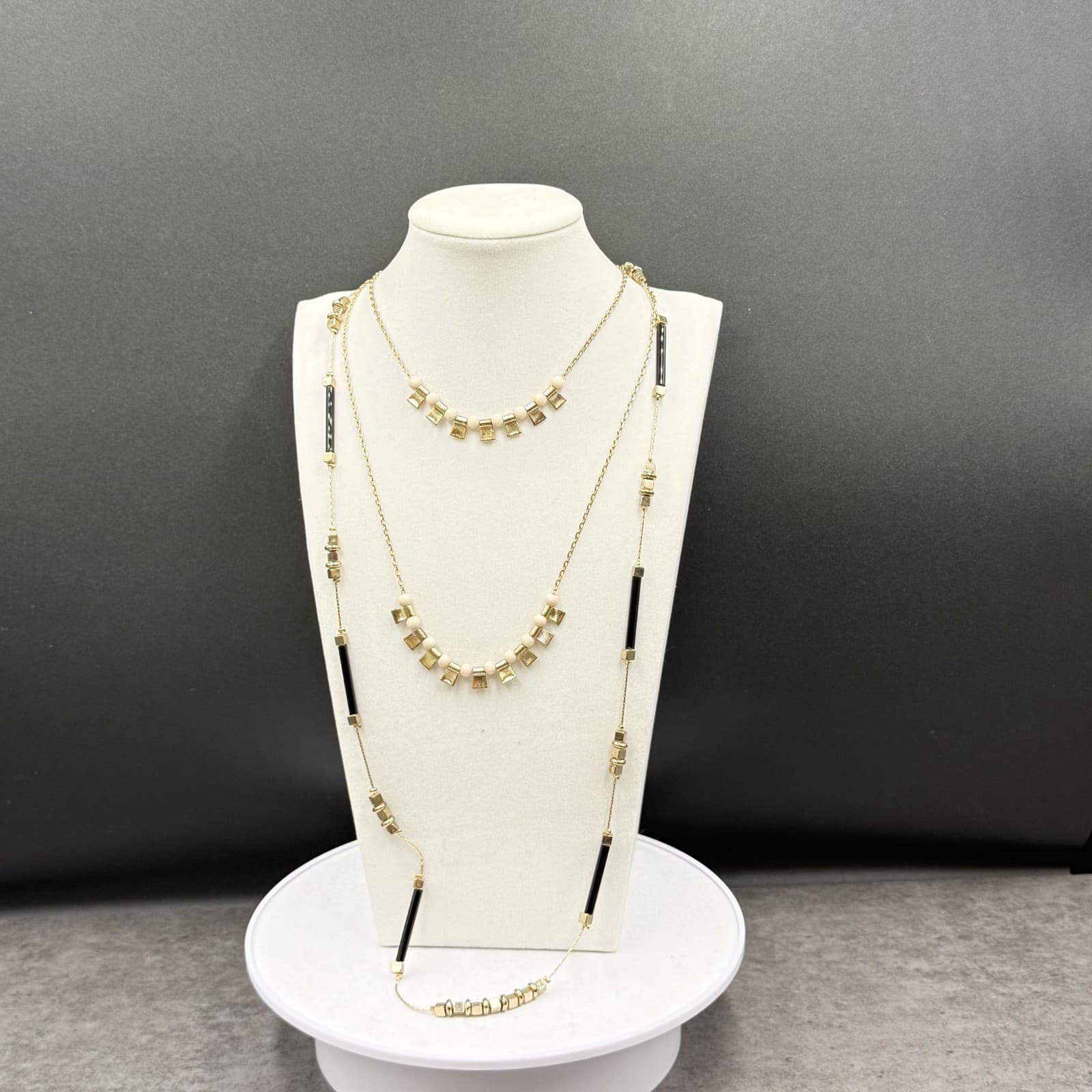 Vintage Gold Tone Cube & Black Bar Bead Necklace Long Layered Modernist - Thumbnail 3