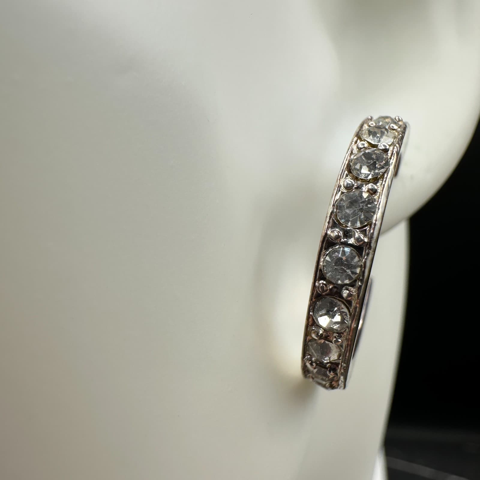 Vintage Rhinestone Crystal Hoop Earrings Silver Tone Classic Round Post Style - Thumbnail 5