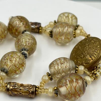 Vintage Chunky Artisan Glass Beaded Bracelet Brass Button Clasp Cream Gold Swirl - Thumbnail 2